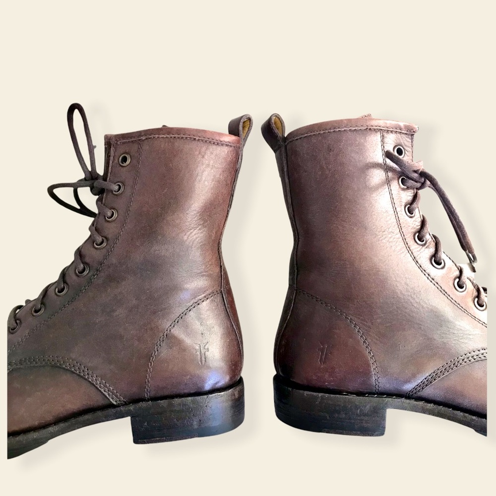Frye Veronica Combat Brown Genuine Leather Lace Up Moto Combat Retro Ankle Boots - Picture 12 of 15